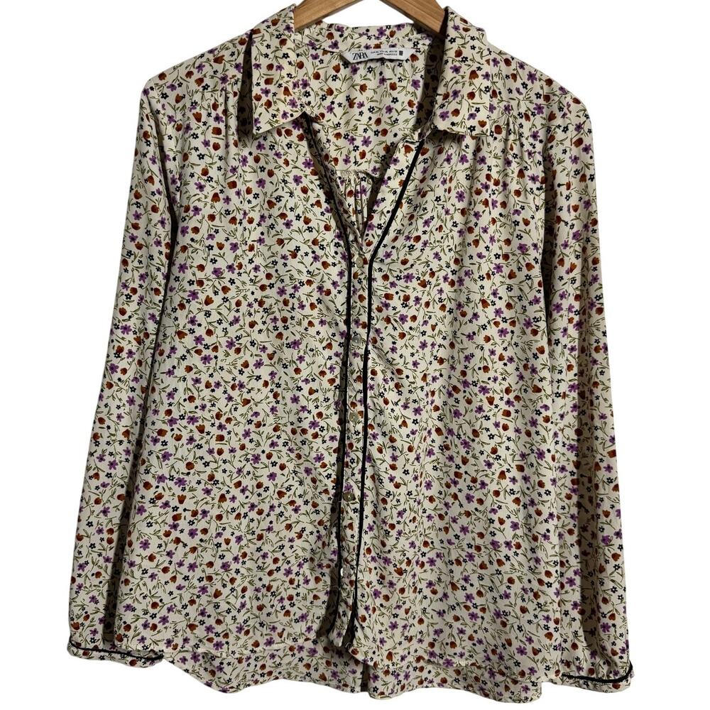 Zara Ditsy Floral Office Chic Button Up Blouse Women XL Preppy Cottage Garden‎